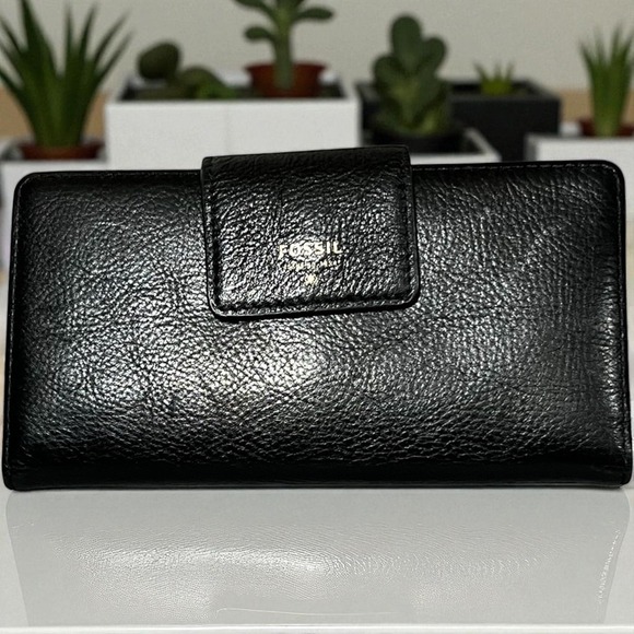 Fossil‎ Black Leather Clutch Wallet Wristlet Zip Around Coin Purse Women - Picture 4 of 10